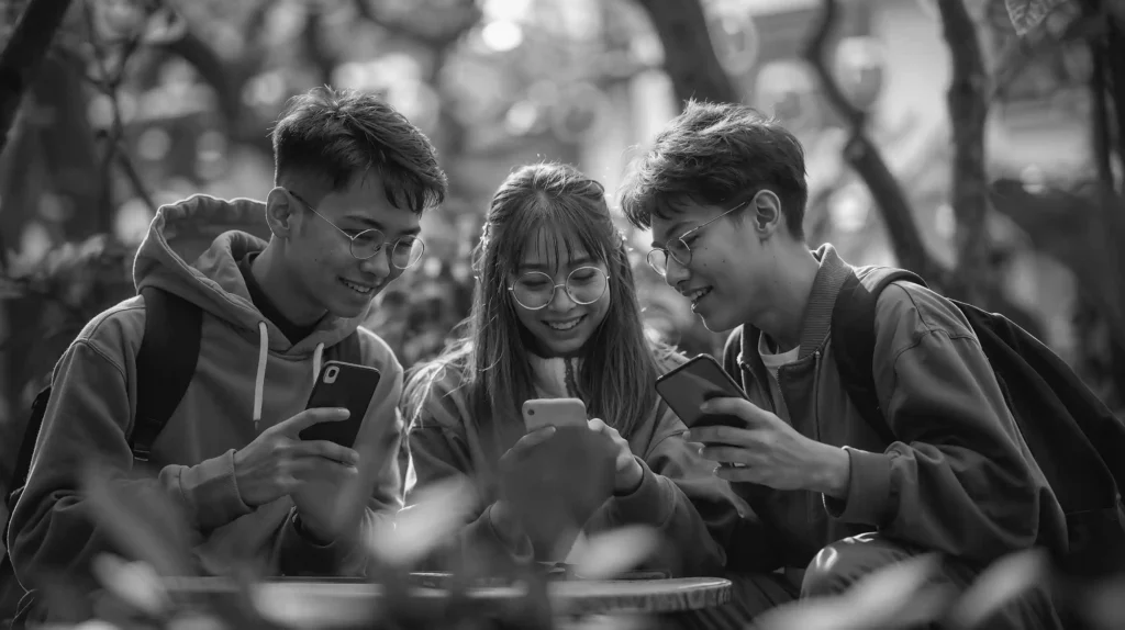 Three young people happily gathered outdoors, each holding a smartphone and smiling, symbolizing curiosity and the growing interest in mobile phone repair careers among youth