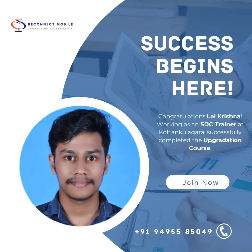 Proud graduate congratulated for earning government certification and joining the technology service sector through Kerala’s premier mobile repair training institute