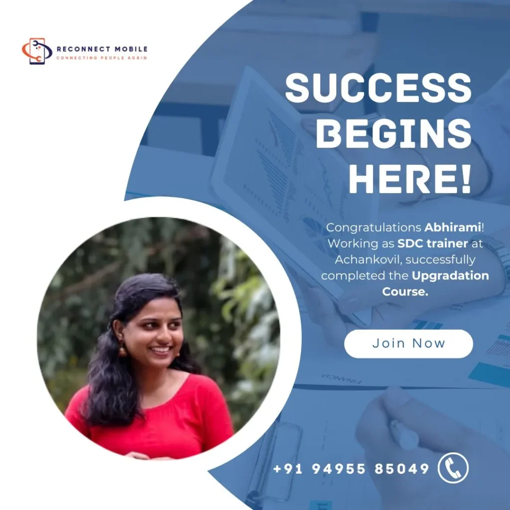 Female graduate recognized for successful completion of the smartphone service upgradation course at Kerala’s top mobile training institute