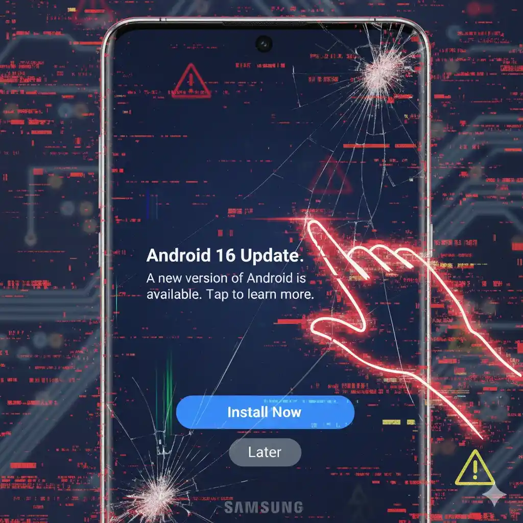 Samsung phone screen with cracked glass, showing an Android 16 update notification and warning icons highlighting touch failure risk after update