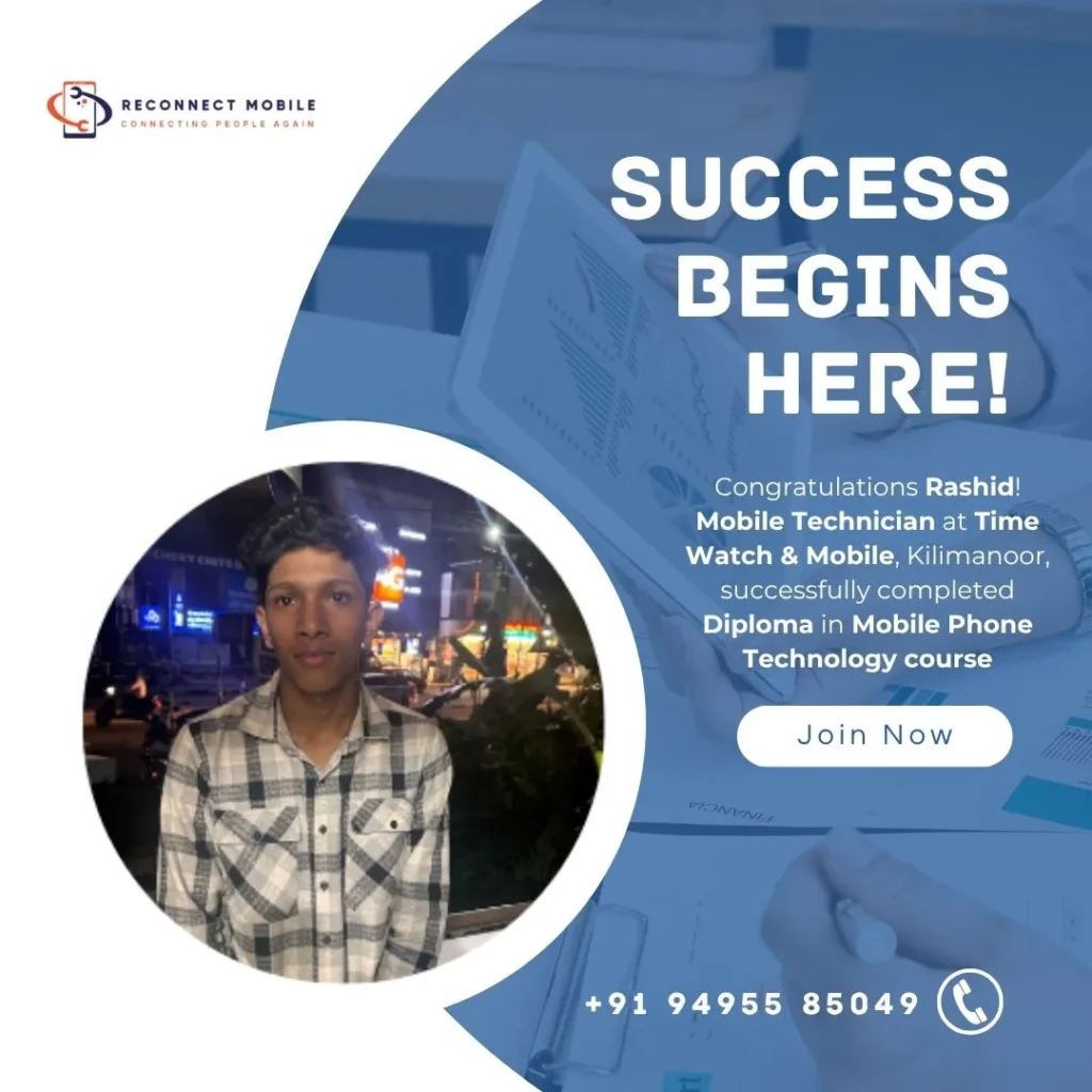 Student highlighted for completing the mobile technician hardware and theory training, joining the ranks of top mobile repair professionals in Kerala