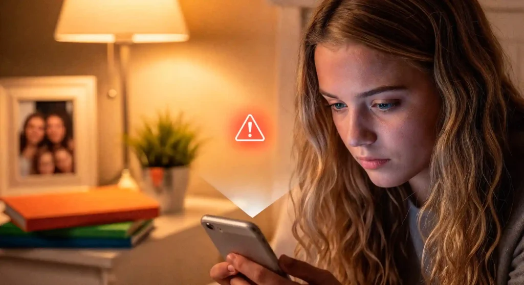 Woman looking at her smartphone with a warning icon displayed, reflecting the risk of touch functionality loss after an Android update