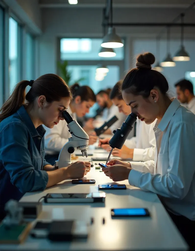 Students in a well-equipped lab use microscopes and smartphones during a certified mobile repair course, highlighting hands-on technical training and device diagnostics