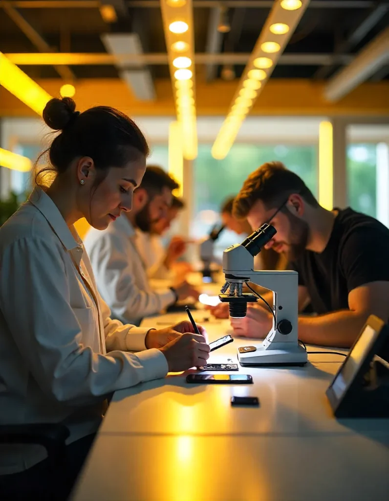 Students work in a fully equipped lab, using microscopes and smartphones as part of a certified mobile repair course, showcasing practical technical training and real-world device diagnostics
