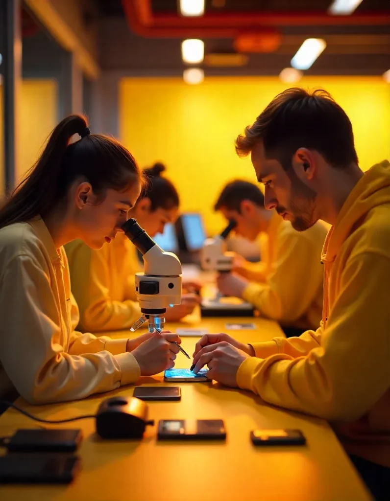 Learners in matching uniforms team up to solve smartphone issues with advanced diagnostic tools, representing teamwork and skill-building in Kerala’s government-approved training program