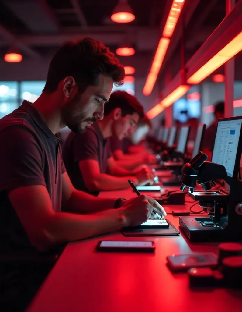 Trainees work on smartphones under vibrant lighting, using computers and microscopes to master chip-level repairs and diagnostics in a state-of-the-art mobile technology classroom
