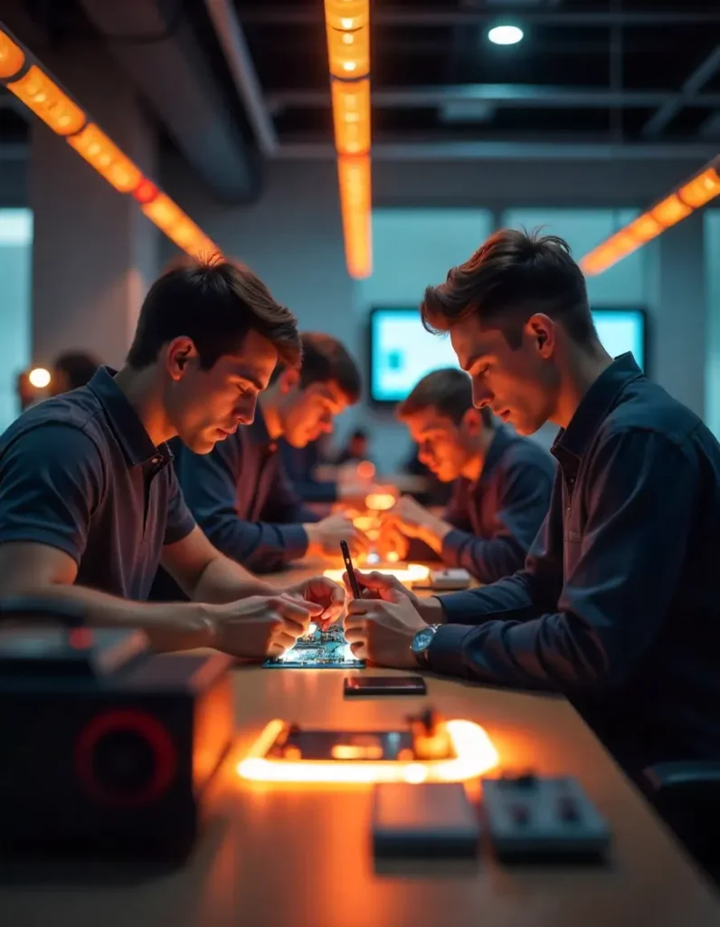 Learners in uniform collaborate to troubleshoot smartphone issues using advanced diagnostic tools, reflecting teamwork and skill development in Kerala’s government-approved training program