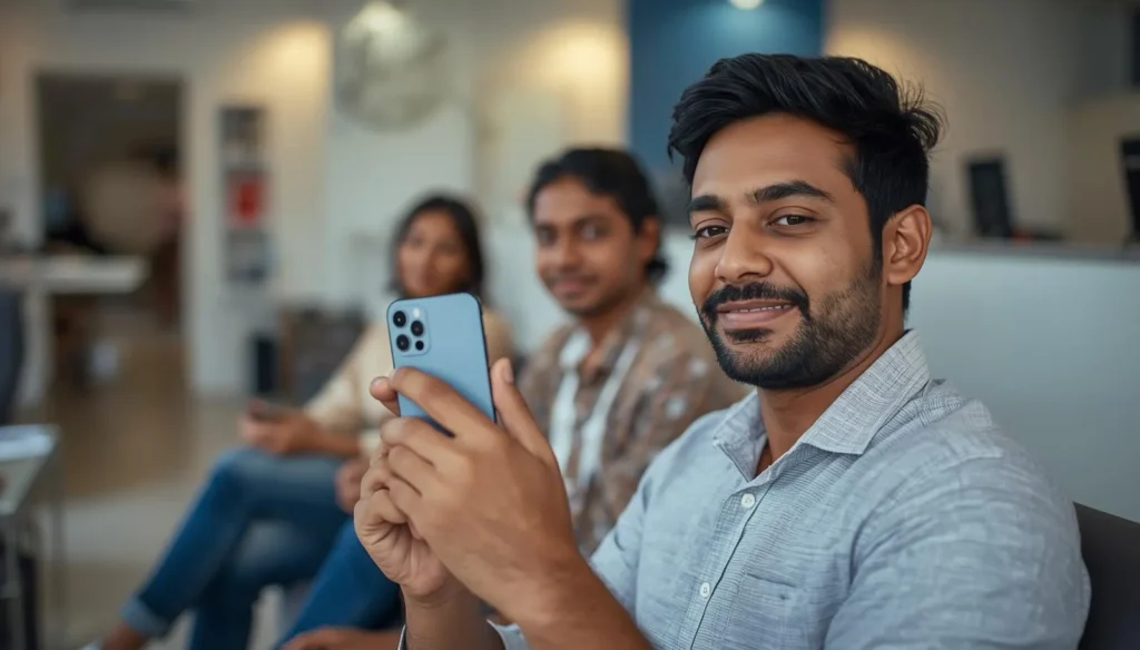 A happy and confident Indian man sitting in a bright service center environment, holding an iPhone with the back of the device facing the camera and a warm satisfied smile on his face, with other smiling people visible in the background, representing a satisfied Kerala customer who protected his iPhone from iOS 26.4 display failure by replacing his non-original screen with a certified original Apple display at Reconnect Mobile Thiruvananthapuram