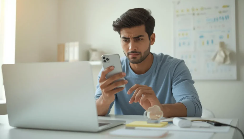 A concerned Indian young man sitting at a clean office desk with a laptop open beside him, holding his iPhone with the back of the device visible and a worried furrowed expression on his face, representing an iPhone user urgently checking his software update settings to disable automatic updates before iOS 26.4 installs and permanently damages his non-original screen display