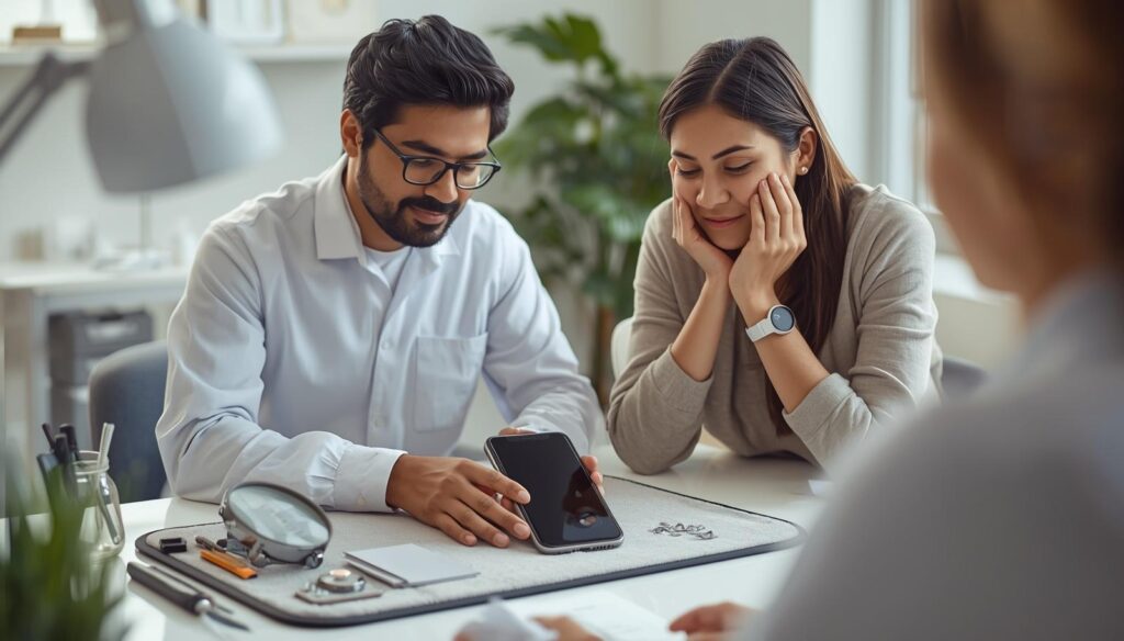 A professional South Asian male mobile repair technician wearing glasses and a white shirt carefully examining a customer's iPhone on a clean repair workbench with precision tools arranged beside it, while a relieved and attentive Indian female customer leans forward watching the screen diagnosis process, representing a trusted iPhone display replacement consultation at a certified mobile service center in Kerala addressing common concerns about original Apple screen replacement before the iOS 26.4 update