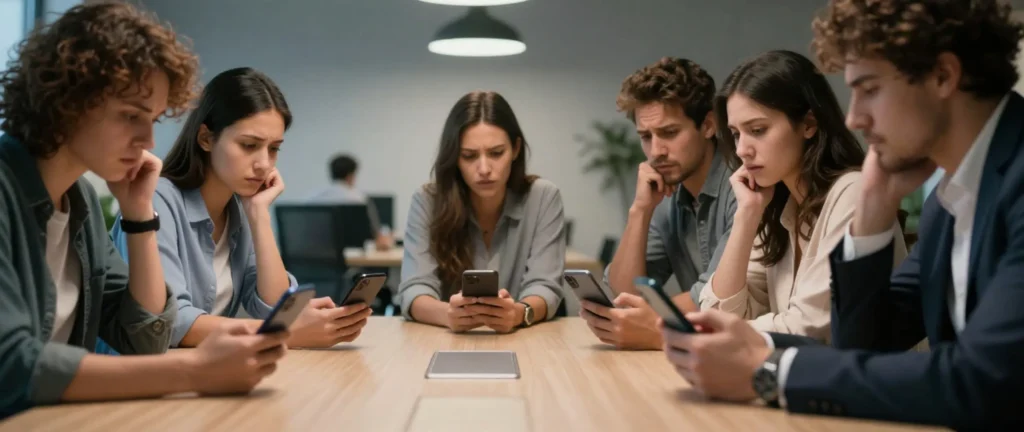 A group of young people sitting around a table in an office environment, all holding their smartphones and staring down with anxious and troubled expressions, representing iPhone users worried about touch screen failure and display compatibility issues caused by the iOS 26.4 hardware verification update