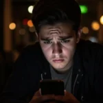 A young man sitting alone in a dimly lit environment, face illuminated by his smartphone screen with a deeply furrowed brow and anxious expression, reacting with shock and concern after realising his iPhone with a non-original display is at risk of touch failure following the iOS 26.4 strict hardware verification update