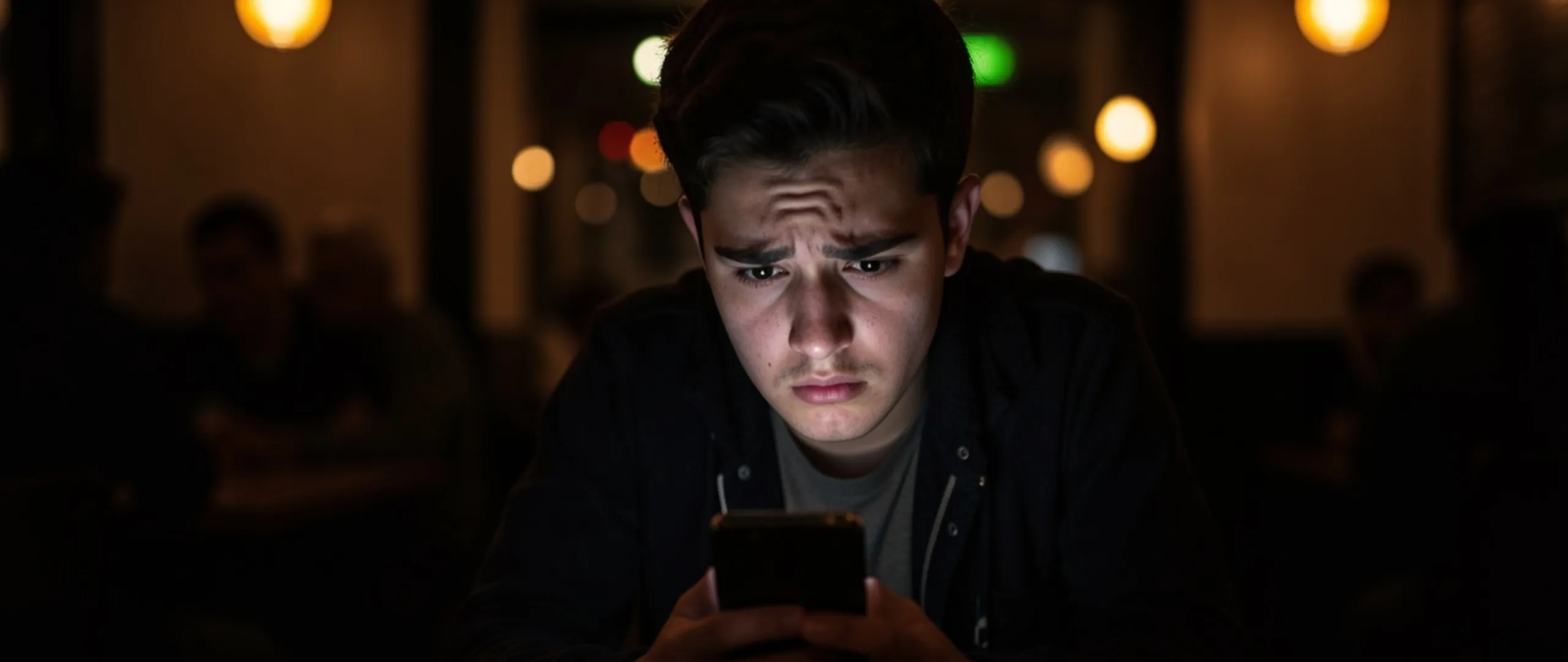 A young man sitting alone in a dimly lit environment, face illuminated by his smartphone screen with a deeply furrowed brow and anxious expression, reacting with shock and concern after realising his iPhone with a non-original display is at risk of touch failure following the iOS 26.4 strict hardware verification update