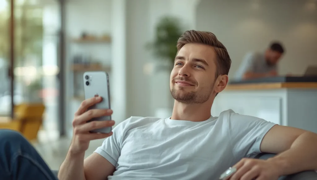A relaxed and confident young man sitting comfortably on a couch in a bright modern space, holding an iPhone with the back of the device visible and a calm satisfied smile on his face, representing a relieved iPhone user who has successfully replaced his non-original screen with a genuine Apple display before the iOS 26.4 update, ensuring full touch functionality and peace of mind