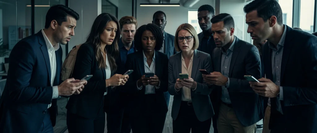 A group of diverse professionals standing together in a modern office, each holding their smartphone with visibly worried and concerned expressions after discovering their iPhones with non-original screens may stop working following the iOS 26.4 strict hardware verification update