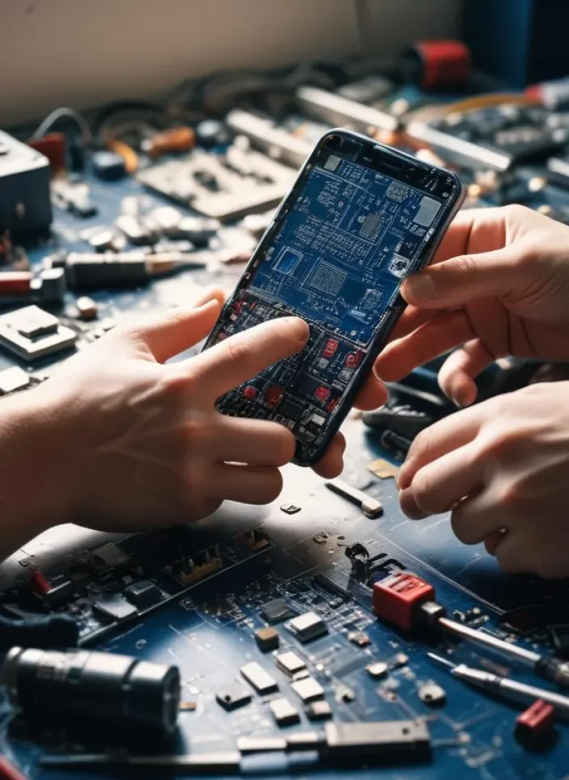 Advanced Mobile Phone Repair with Circuit Analysis and Troubleshooting Technicians analyzing smartphone motherboard during mobile phone repair with circuit tools on a workbench